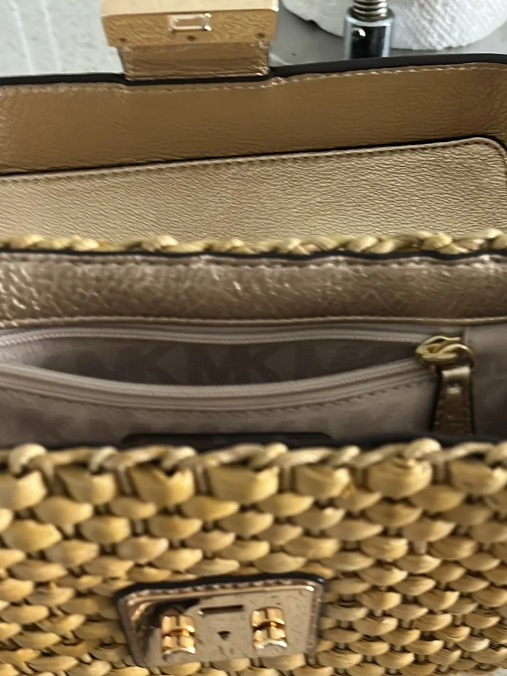 Michael Kors Woven Straw Crossbody Bag with Gold Hardware - Beige